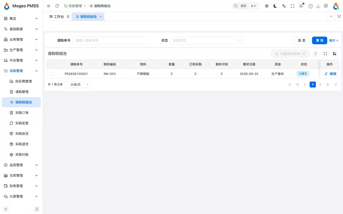 登录并打开请购明细池