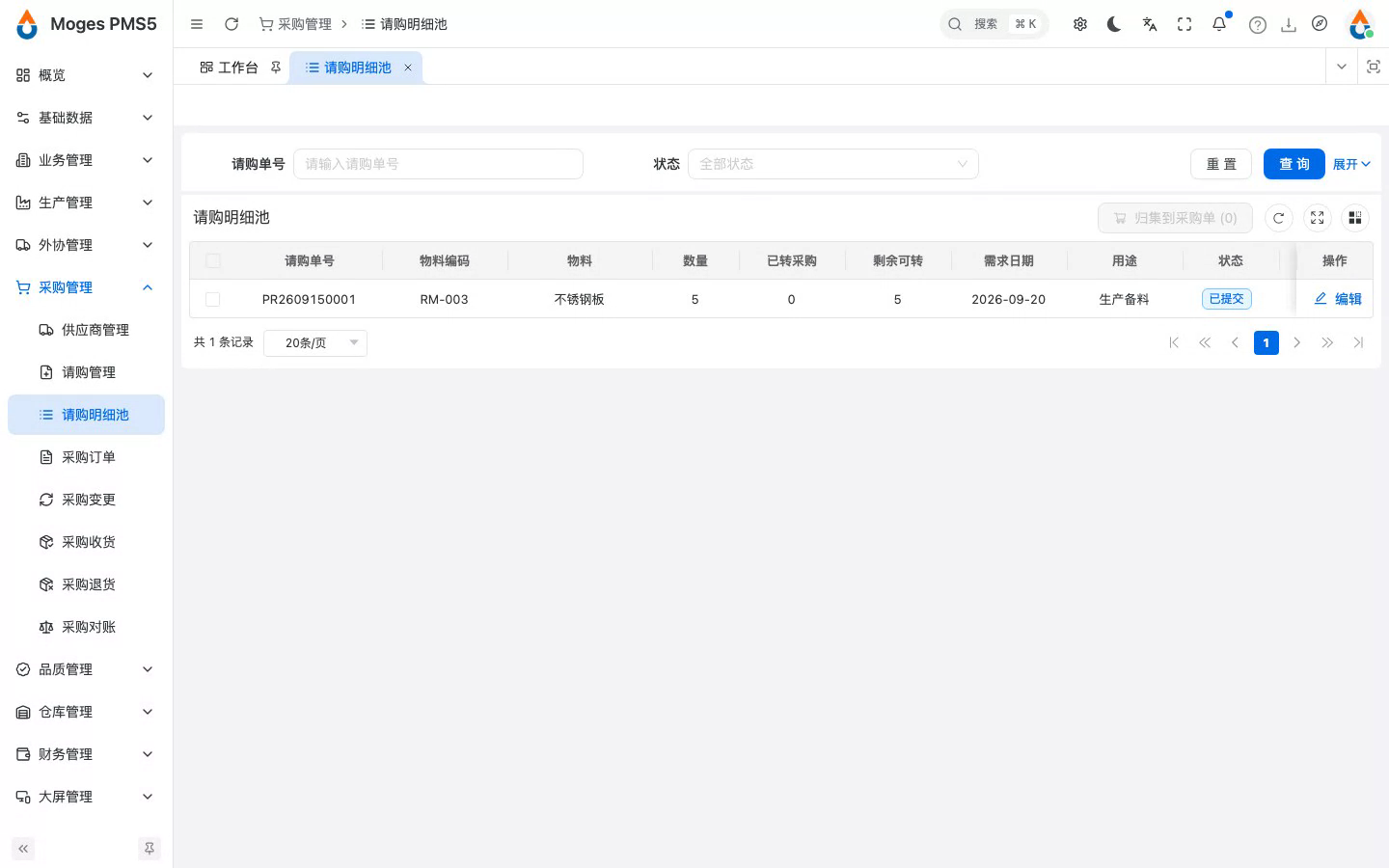 登录并打开请购明细池