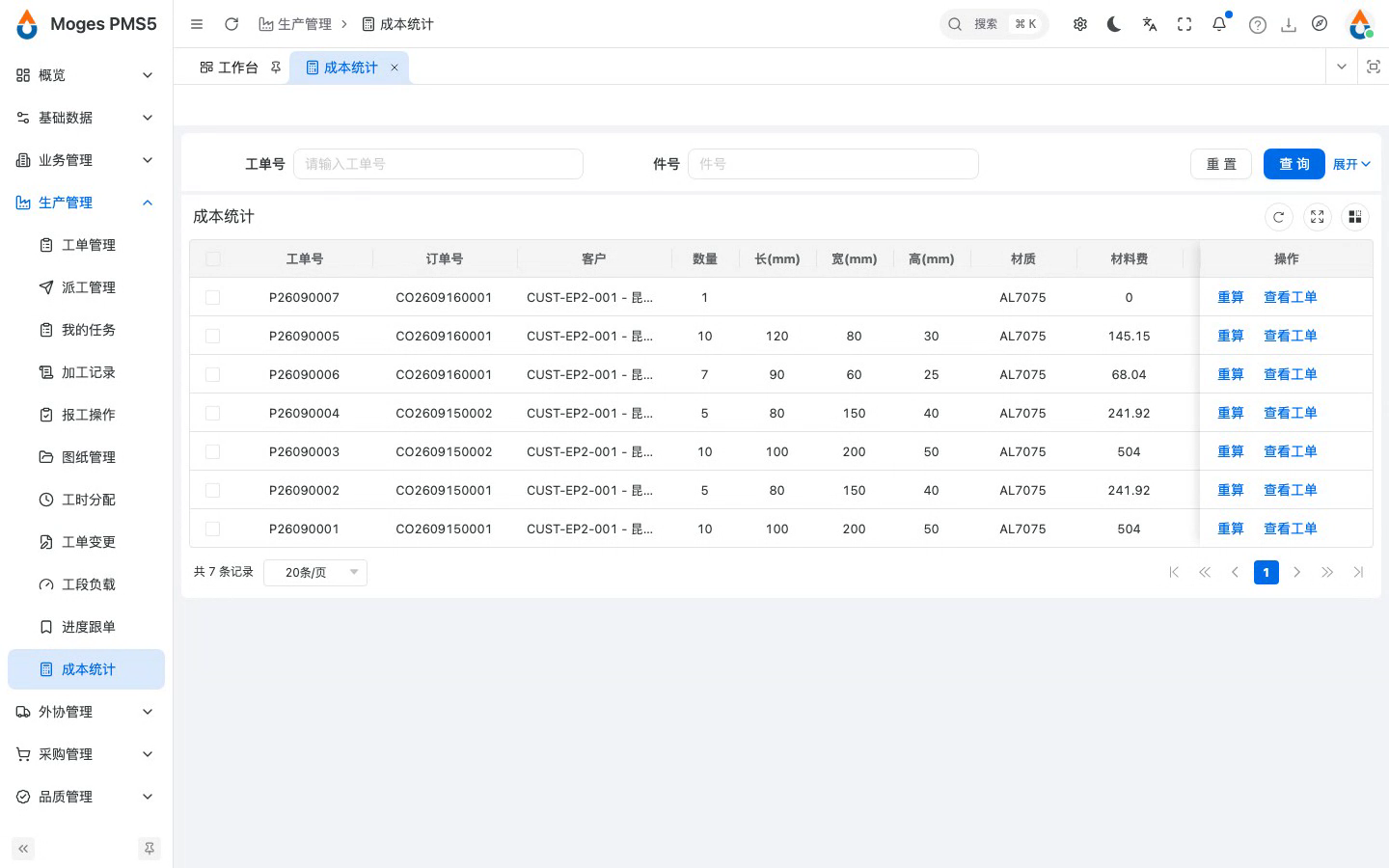 每张工单的料成本与加工成本